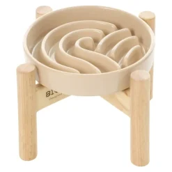 Dogs*[Wave] Slow Feeder Dog Bowls - S / Beige / Wood Stand - Pet Home | The Perfect Pet Supplies Shopping Experience